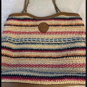 Tory Burch multi color woven tote. Like new condition.